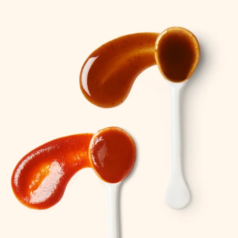 Two white ceramic spoons with different brown and red sauces spread partially around each spoon on a light background.