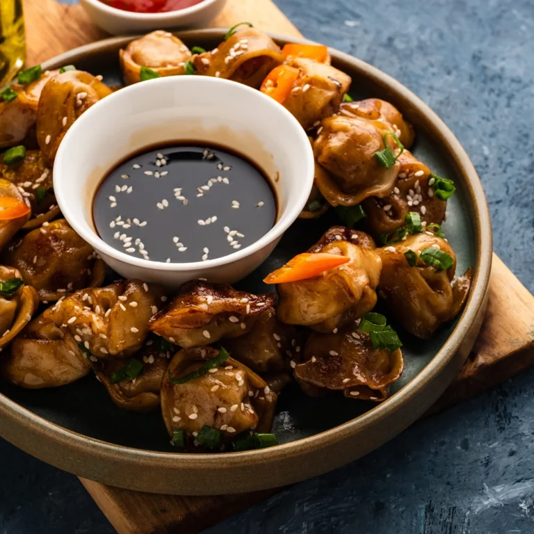 A plate of dumplings garnished with sesame seeds and green onions surrounds a bowl of soy sauce on a dark surface.