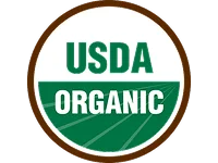 USDA Organic seal featuring green text and stylized field inside a circular badge with a brown border.