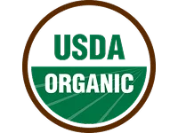 USDA Organic certification seal with a brown circle, green background, and the words "USDA ORGANIC" in bold white and green text.