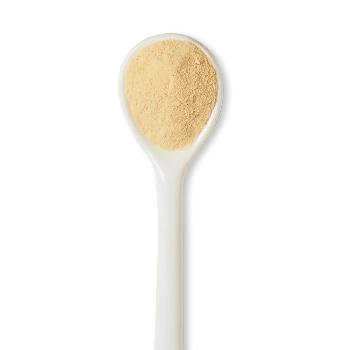 A white spoon filled with a fine, light beige powder against a white background.