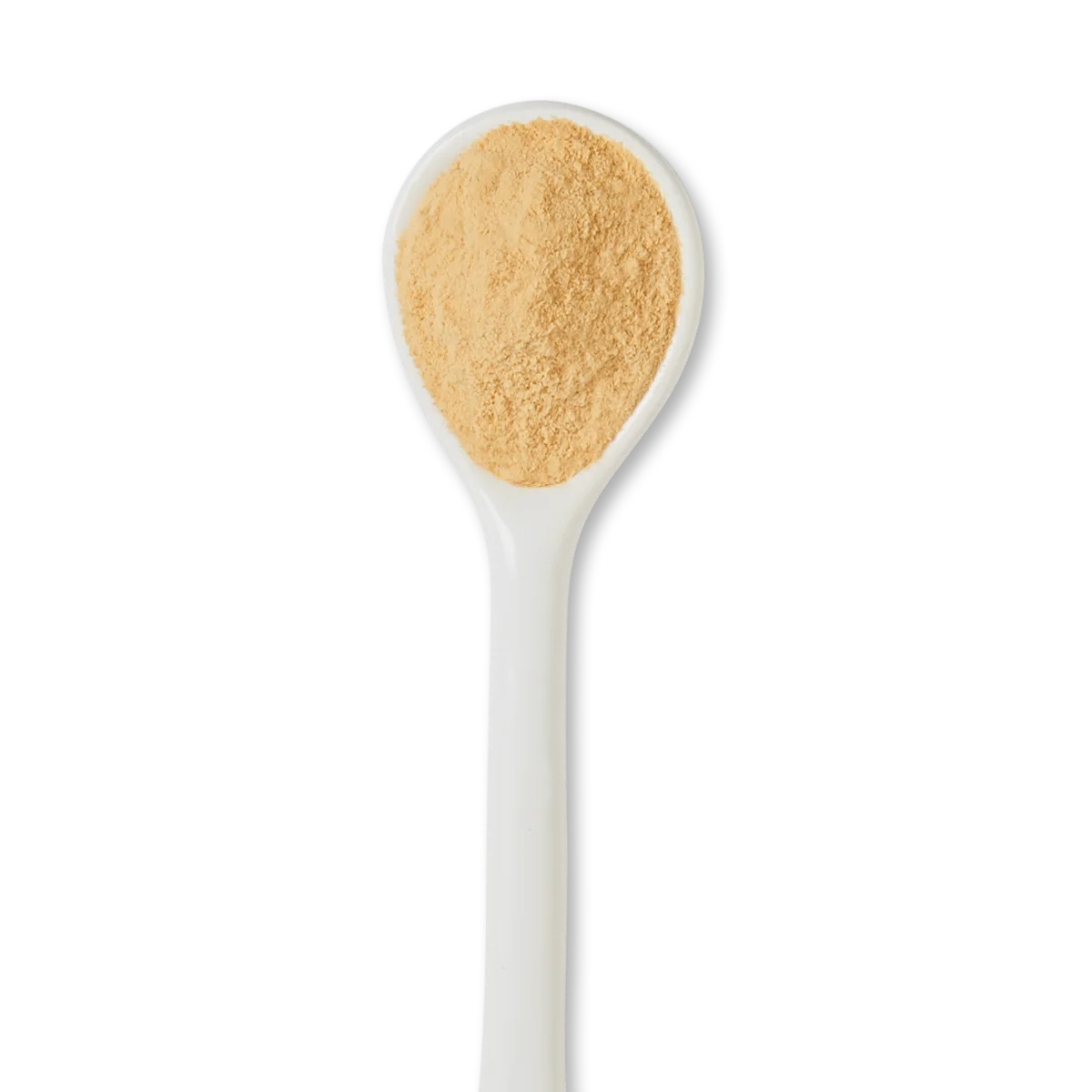A white ceramic spoon filled with light brown powdered substance, viewed from above on a white background.