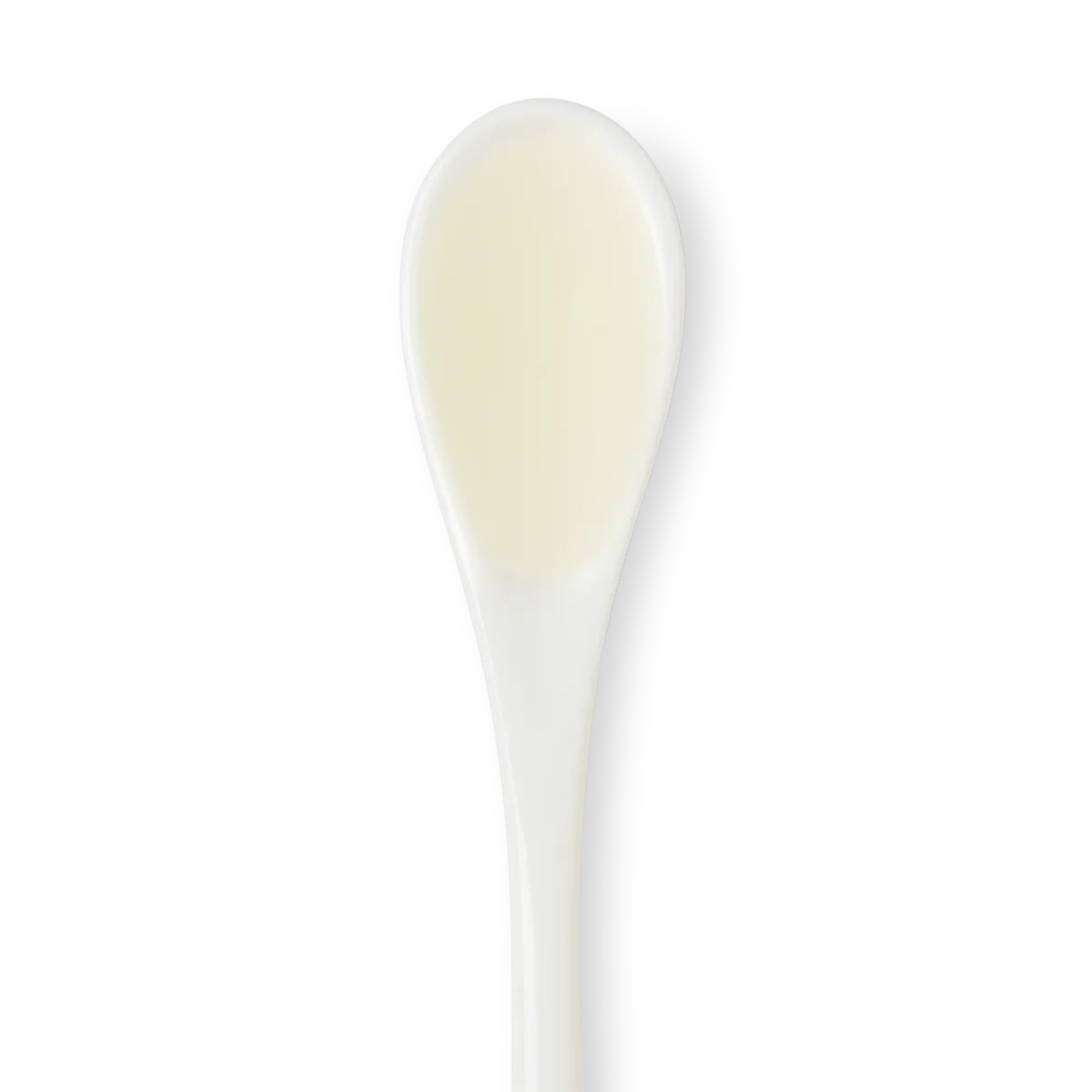 A white plastic spoon displayed against a plain white background.
