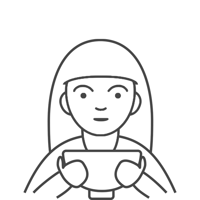 Line drawing of a person with long hair holding a tablet or device, looking straight ahead with a neutral expression.