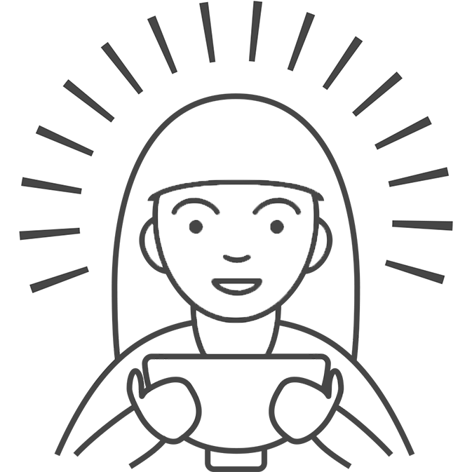 Line drawing of a person holding a bowl, with radiating lines around their head suggesting emphasis or illumination.