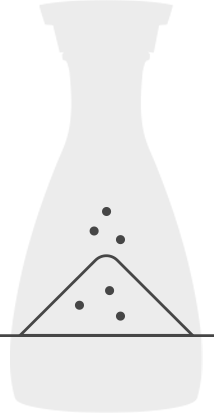 A silhouette of a conical flask with six black dots inside, arranged above a diagonal line, and a horizontal line across the bottom part of the flask.