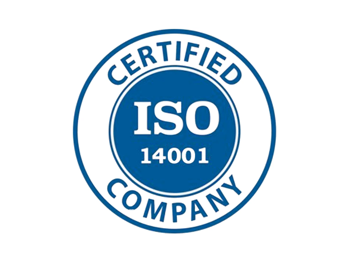 Circular ISO 14001 Certified Company logo with blue text and border on a white background.