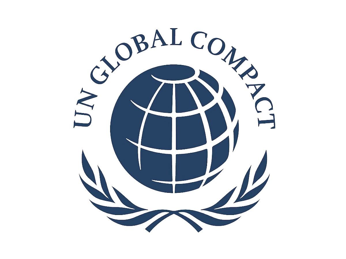 UN Global Compact logo featuring a stylized globe with latitude and longitude lines, encircled by olive branches, and the text "UN Global Compact" above.