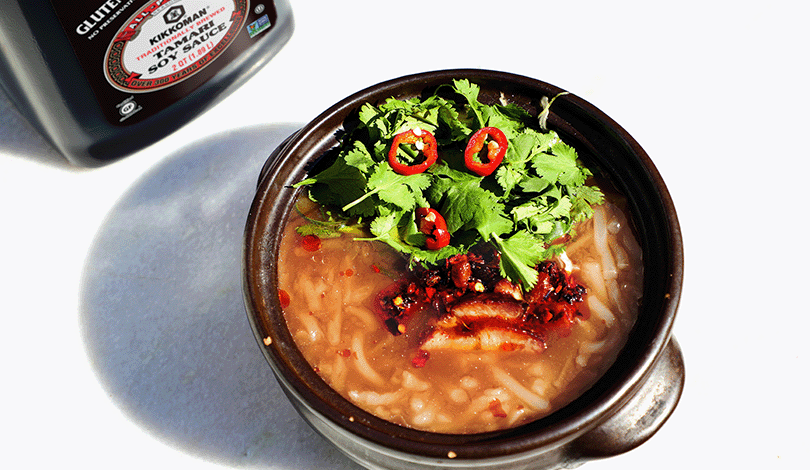 Rice Noodle Udon Congee with Mustard Chili Crisp