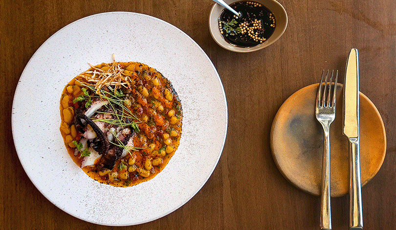 Image for Li’s Grilled Octopus with Cannellini Fabada and Yuzu-Piquillo Coulis