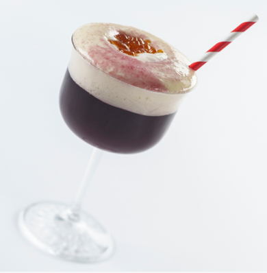 Blueberry Seltzer & Soymilk Foam with Blueberry Teriyaki Flavor Bubbles