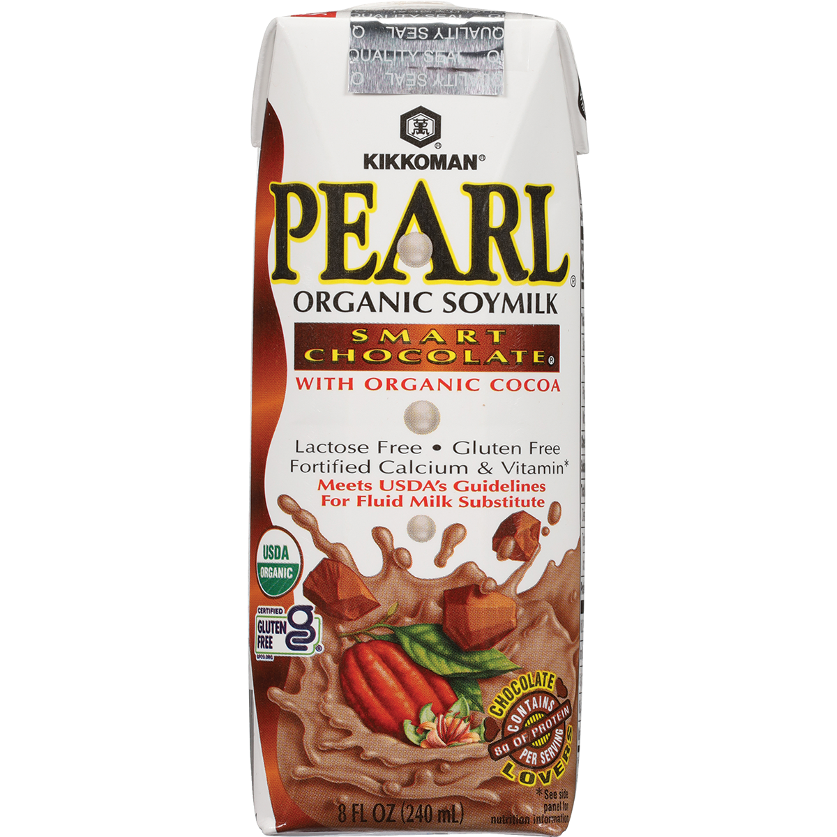 Front view of a Kikkoman Pearl Organic Soymilk Smart Chocolate carton, displaying product information and images of chocolate pieces and cocoa pods.