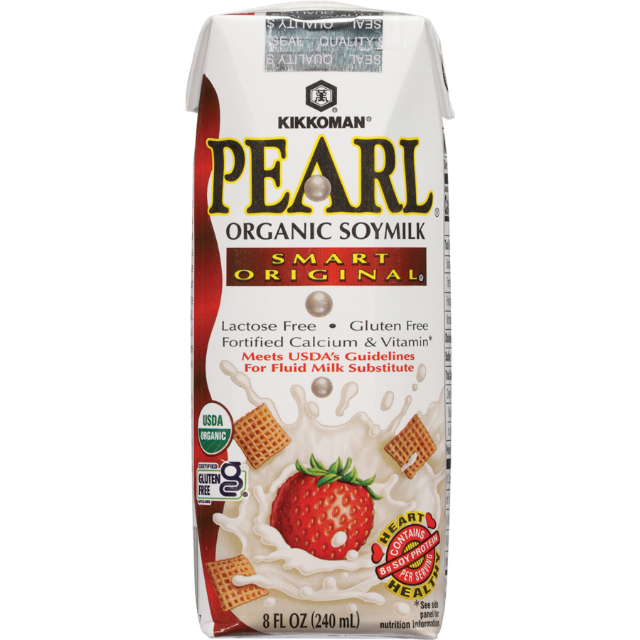 Kikkoman Pearl Organic Soymilk carton, 8 fl oz, with a strawberry and cereal on the front; labeled lactose free, gluten free, and USDA organic.