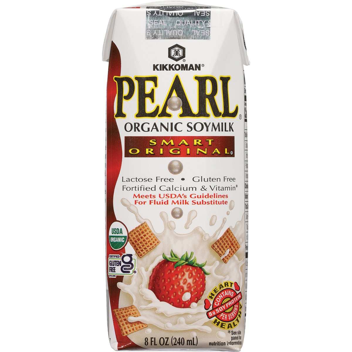 Kikkoman Pearl Organic Soymilk carton, 8 fl oz, with a strawberry and cereal on the front; labeled lactose free, gluten free, and USDA organic.