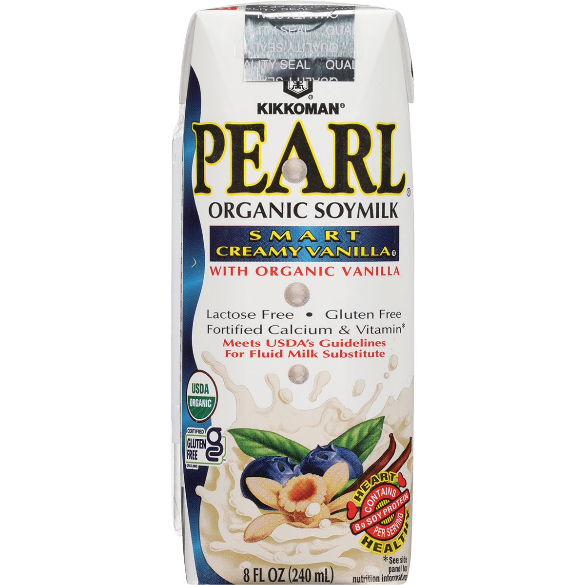 Carton of Kikkoman Pearl Organic Soymilk in Smart Creamy Vanilla flavor, 8 fl oz, featuring blueberries, vanilla flower, and nutrition claims like lactose free and gluten free.