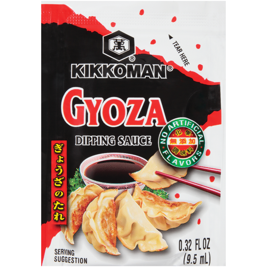 Kikkoman Gyoza Dipping Sauce packet, 0.32 fl oz (9.5 mL), featuring an image of gyoza dumplings with sauce and chopsticks on the front.