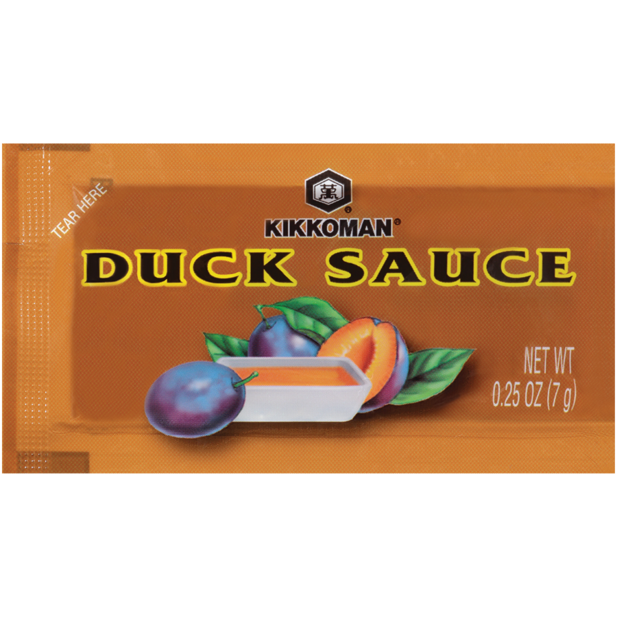 A Kikkoman duck sauce packet, 0.25 oz (7g), with an image of plums, apricots, and a dipping container on the front.