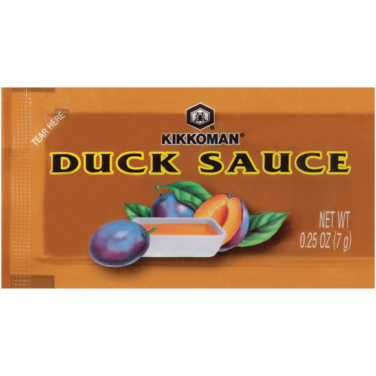 A Kikkoman duck sauce packet, 0.25 oz (7g), with an image of plums, apricots, and a dipping container on the front.