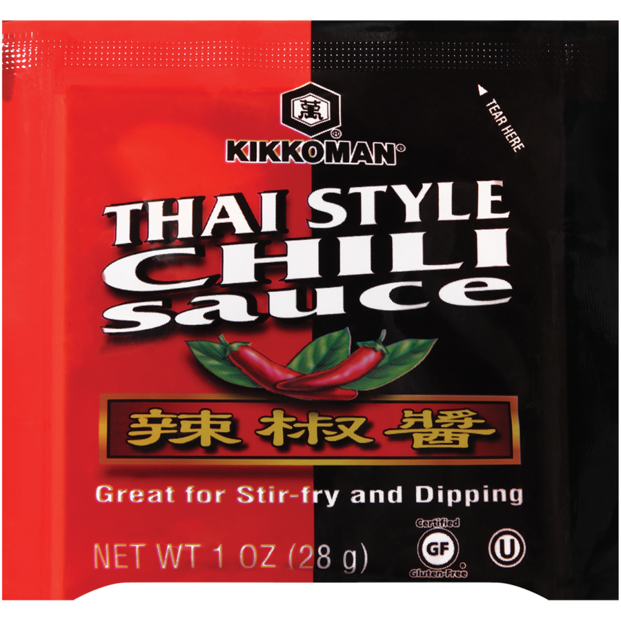 A red and black Kikkoman Thai Style Chili Sauce packet with images of red chilies, labeled for stir-fry and dipping; net weight 1 oz (28 g).
