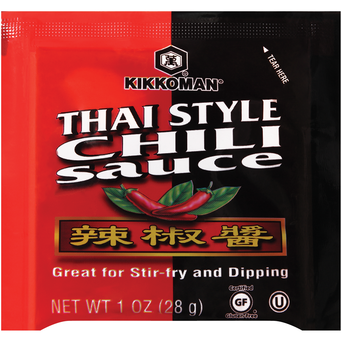 A red and black Kikkoman Thai Style Chili Sauce packet with images of red chilies, labeled for stir-fry and dipping; net weight 1 oz (28 g).