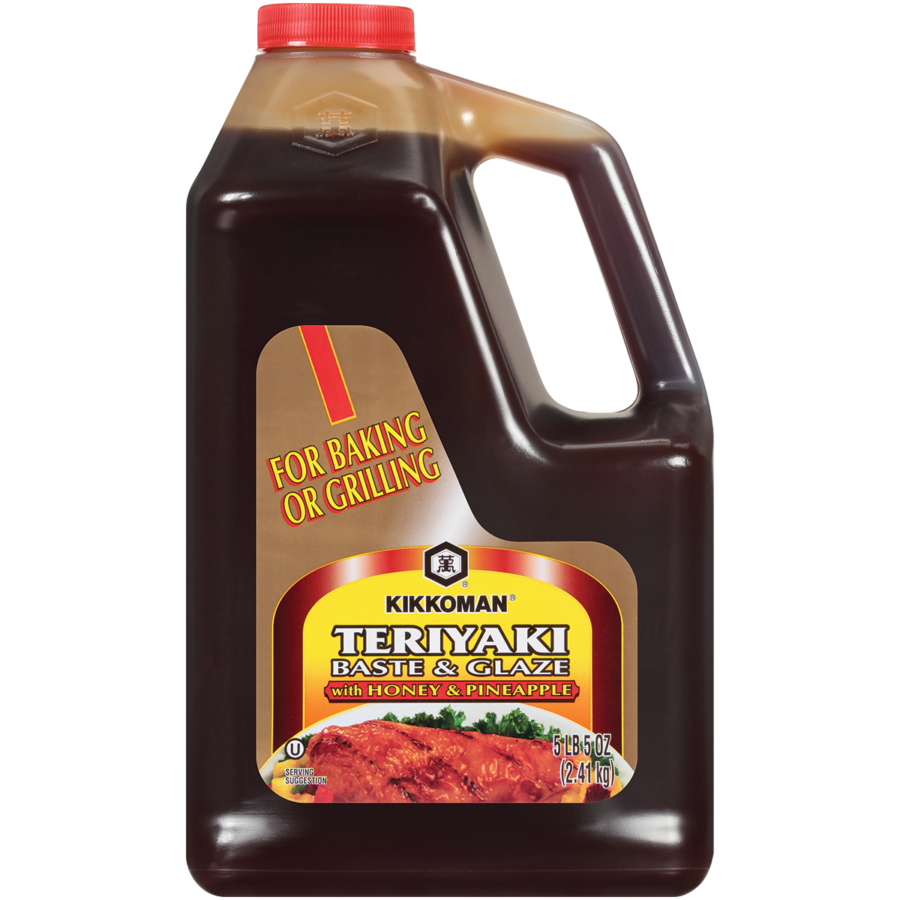 A large plastic jug of Kikkoman Teriyaki Baste & Glaze with Honey & Pineapple, labeled for baking or grilling, 5 lbs 8 oz size.