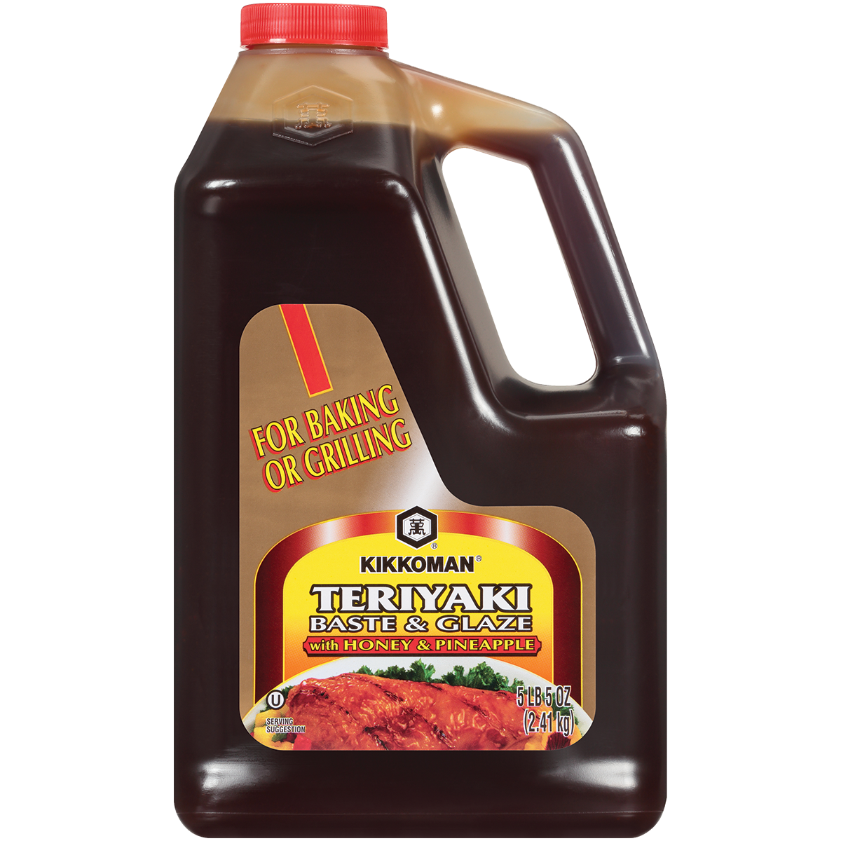 A large plastic jug of Kikkoman Teriyaki Baste & Glaze with Honey & Pineapple, labeled for baking or grilling, 5 lbs 8 oz size.