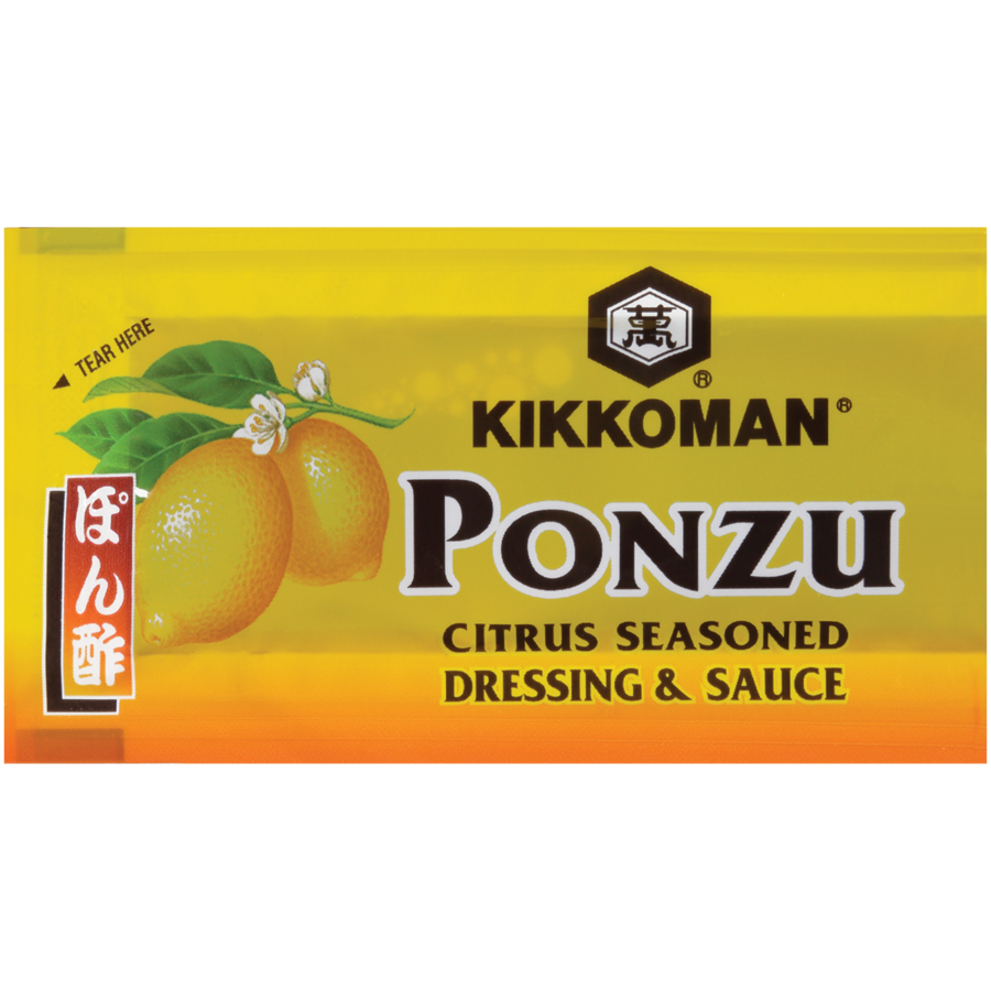 Kikkoman Ponzu Citrus Seasoned Dressing & Sauce packet with images of citrus fruits and text in English and Japanese on a yellow background.