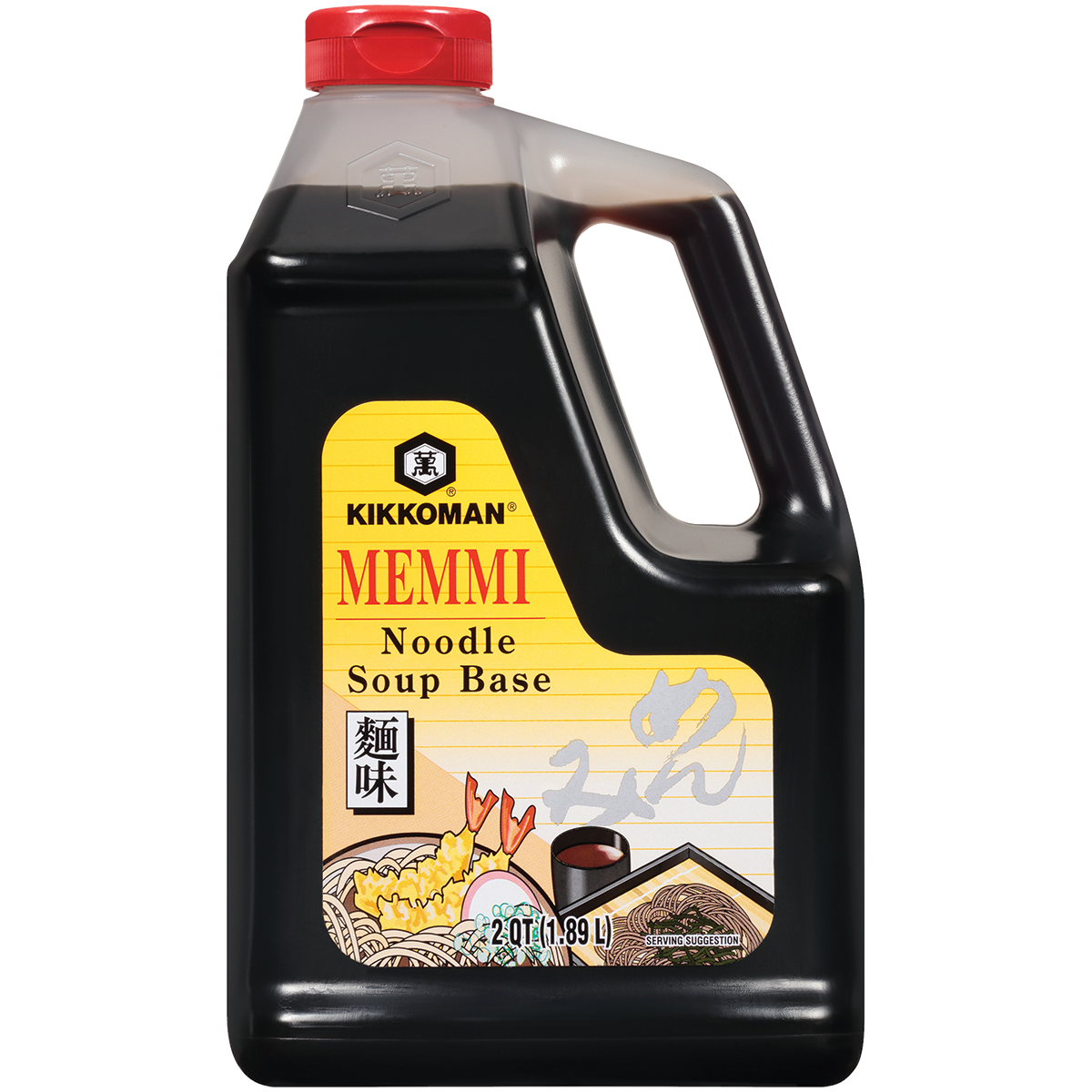 A plastic jug of Kikkoman Memmi Noodle Soup Base with a red cap and a yellow label featuring images of Japanese dishes.