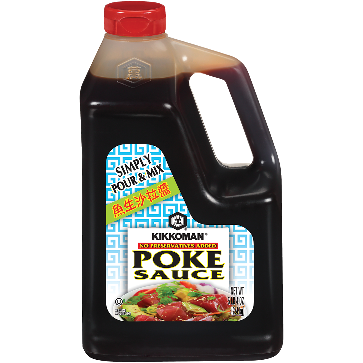 A large plastic bottle of Kikkoman Poke Sauce with a red cap and a label stating "No Preservatives Added" and "Simply Pour & Mix.