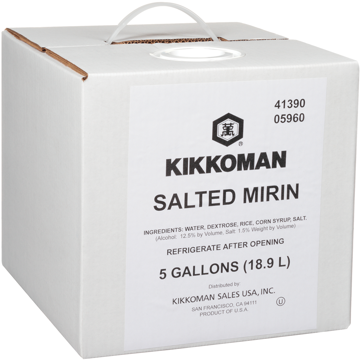 A 5-gallon (18.9 L) box of Kikkoman Salted Mirin with a white handle, product information, and ingredients printed on the front.