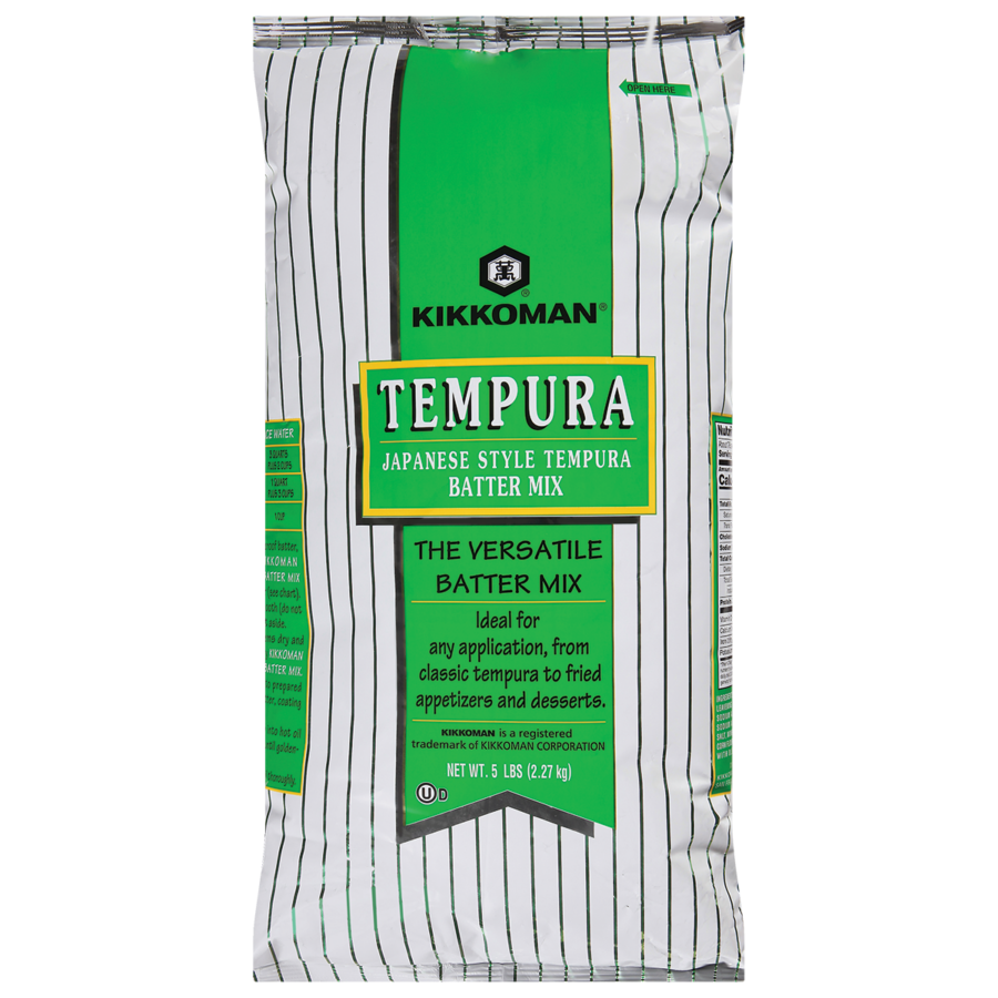 A 5-pound bag of Kikkoman Japanese Style Tempura Batter Mix with green and white packaging, labeled as versatile and suitable for appetizers and desserts.