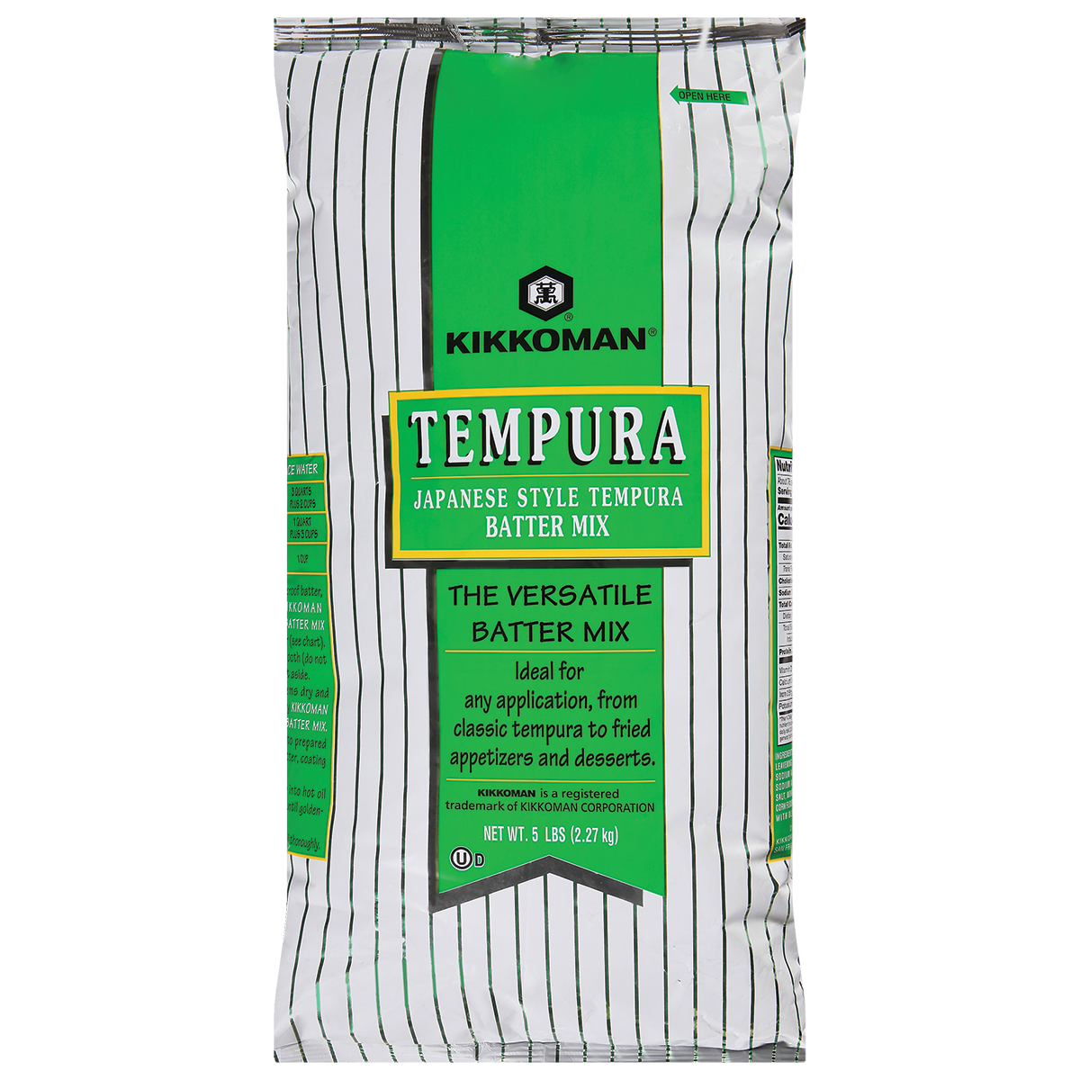 A 5-pound bag of Kikkoman Japanese Style Tempura Batter Mix with green and white packaging, labeled as versatile and suitable for appetizers and desserts.