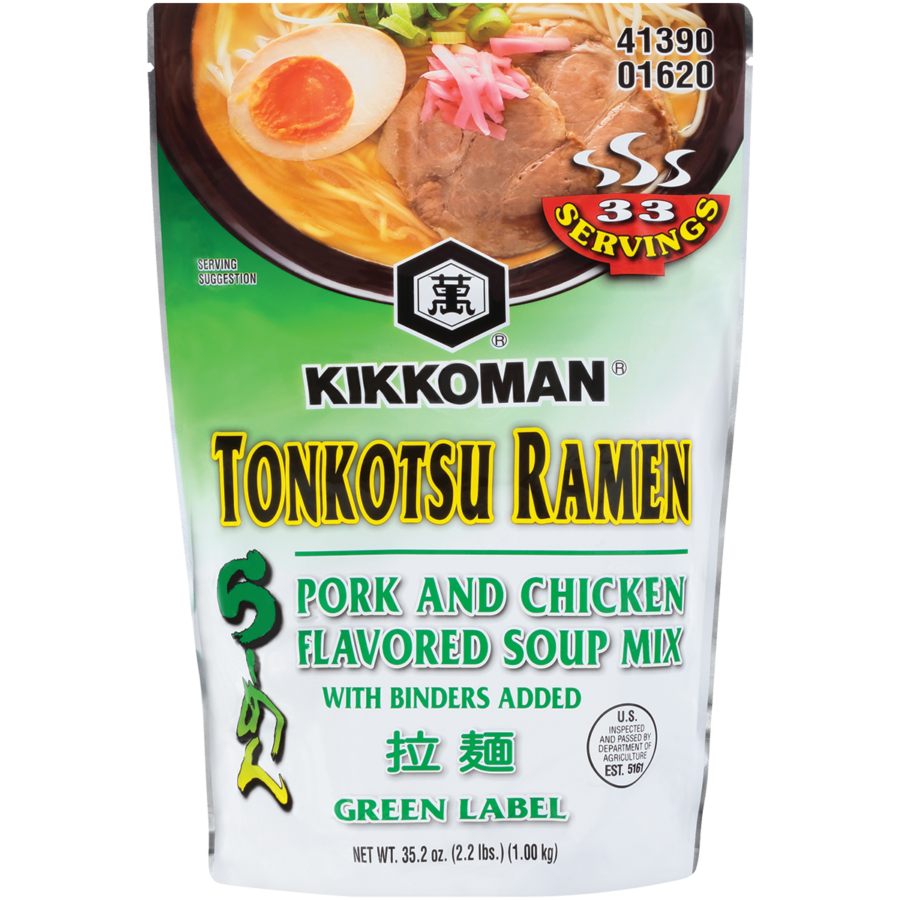 A package of Kikkoman Tonkotsu Ramen pork and chicken flavored soup mix, green label, 35.2 oz, with an image of ramen bowl and text indicating 33 servings.