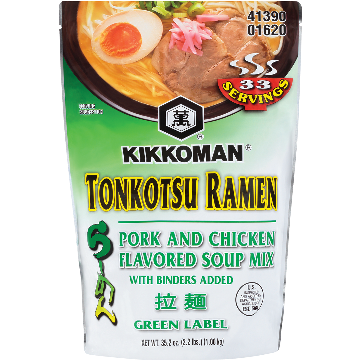 A package of Kikkoman Tonkotsu Ramen pork and chicken flavored soup mix, green label, 35.2 oz, with an image of ramen bowl and text indicating 33 servings.