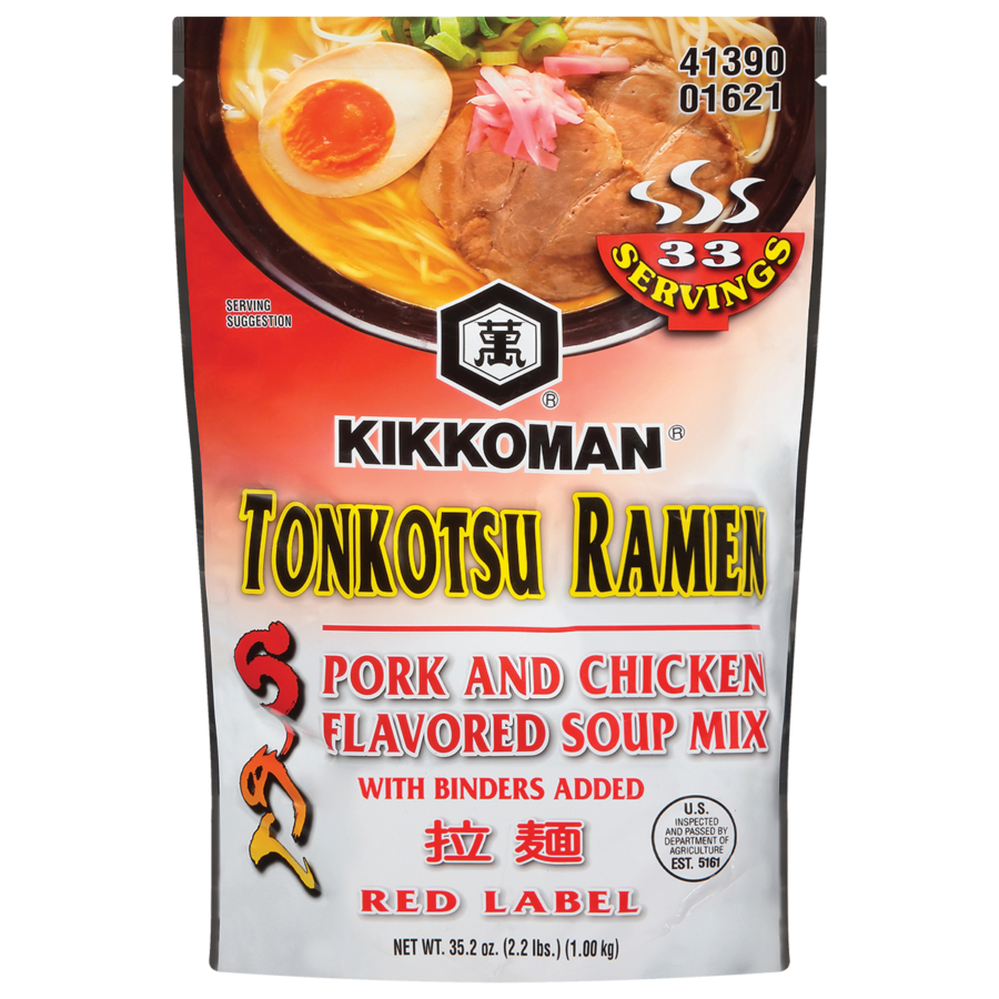 A pouch of Kikkoman Tonkotsu Ramen Pork and Chicken Flavored Soup Mix, red label, 35.2 oz, featuring serving size, product name, and description on the front.
