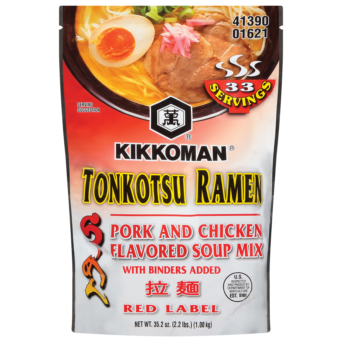 A pouch of Kikkoman Tonkotsu Ramen Pork and Chicken Flavored Soup Mix, red label, 35.2 oz, featuring serving size, product name, and description on the front.