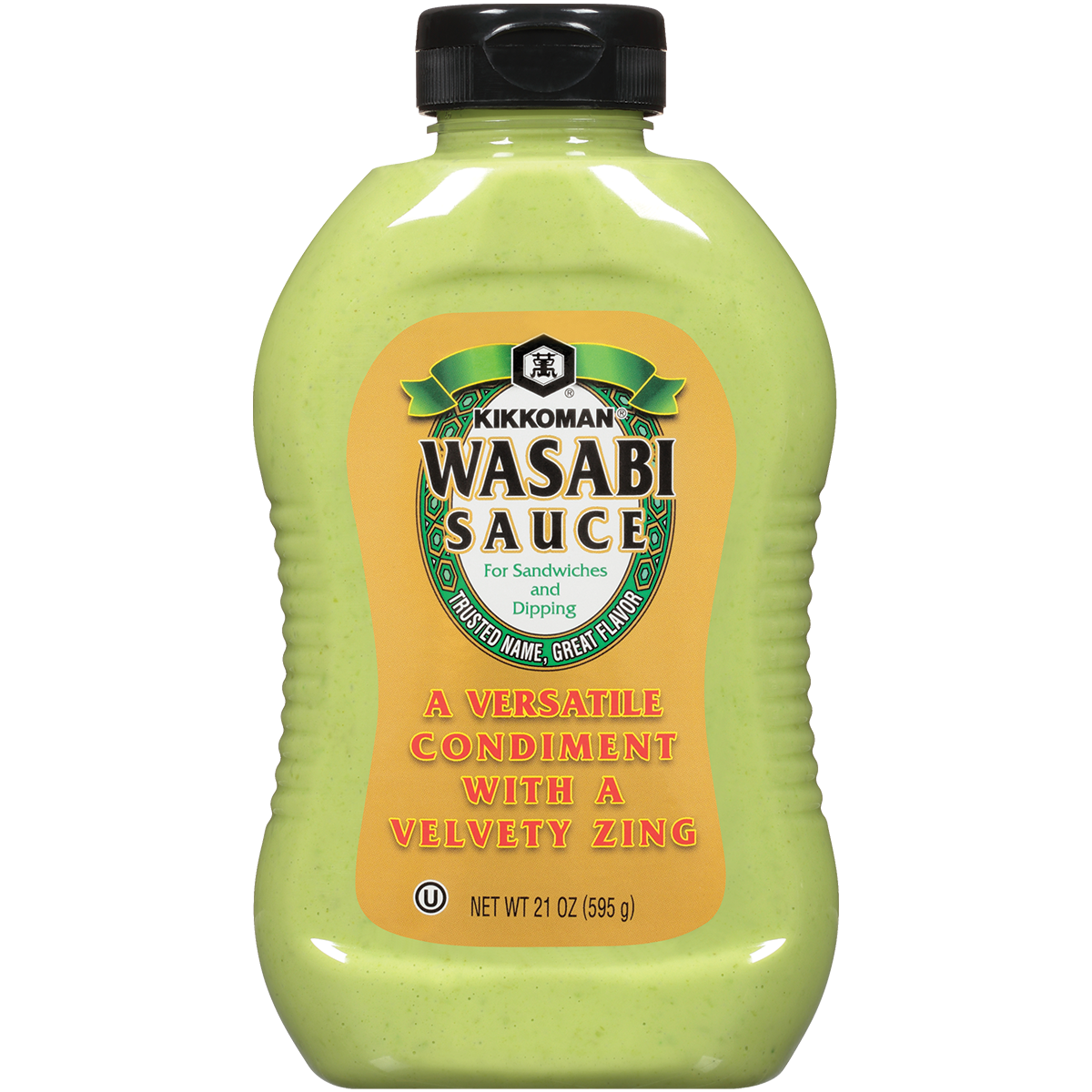 A 21 oz bottle of Kikkoman Wasabi Sauce labeled as "A versatile condiment with a velvety zing," intended for sandwiches and dipping.