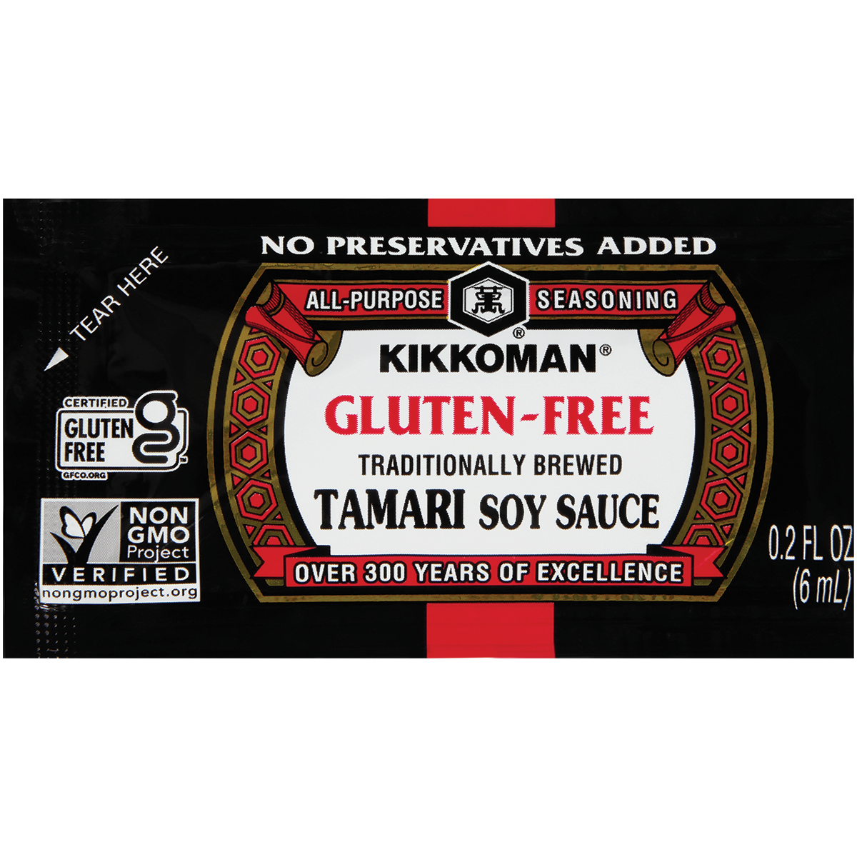 A packet of Kikkoman gluten-free tamari soy sauce, featuring labels for non-GMO and no preservatives, with a red and black design.
