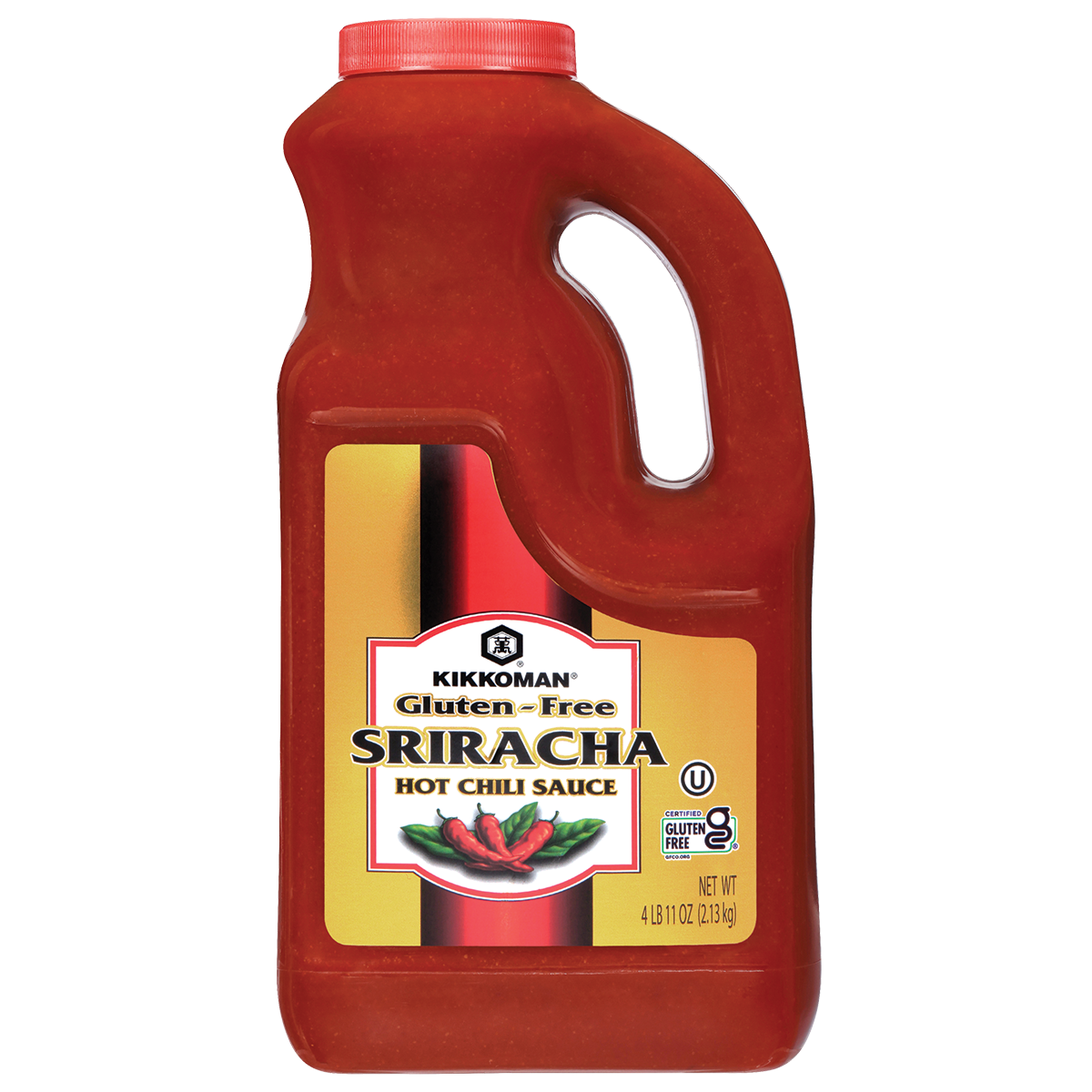 A 4 lb 11 oz bottle of Kikkoman Gluten-Free Sriracha Hot Chili Sauce with a red cap and a yellow label featuring red chili peppers.