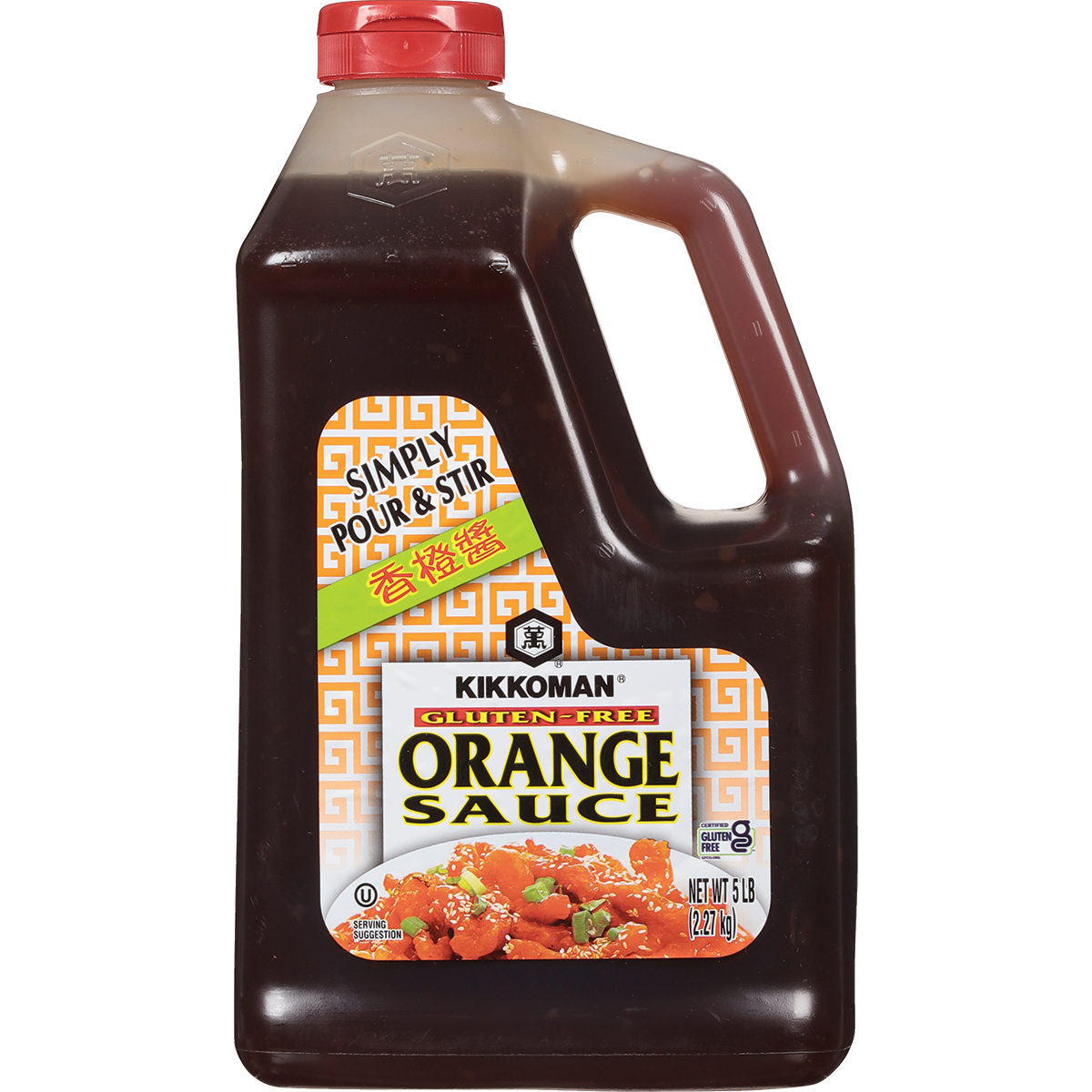 A 5 lb plastic jug of Kikkoman gluten-free orange sauce with a handle and red cap, featuring an image of orange chicken on the label.