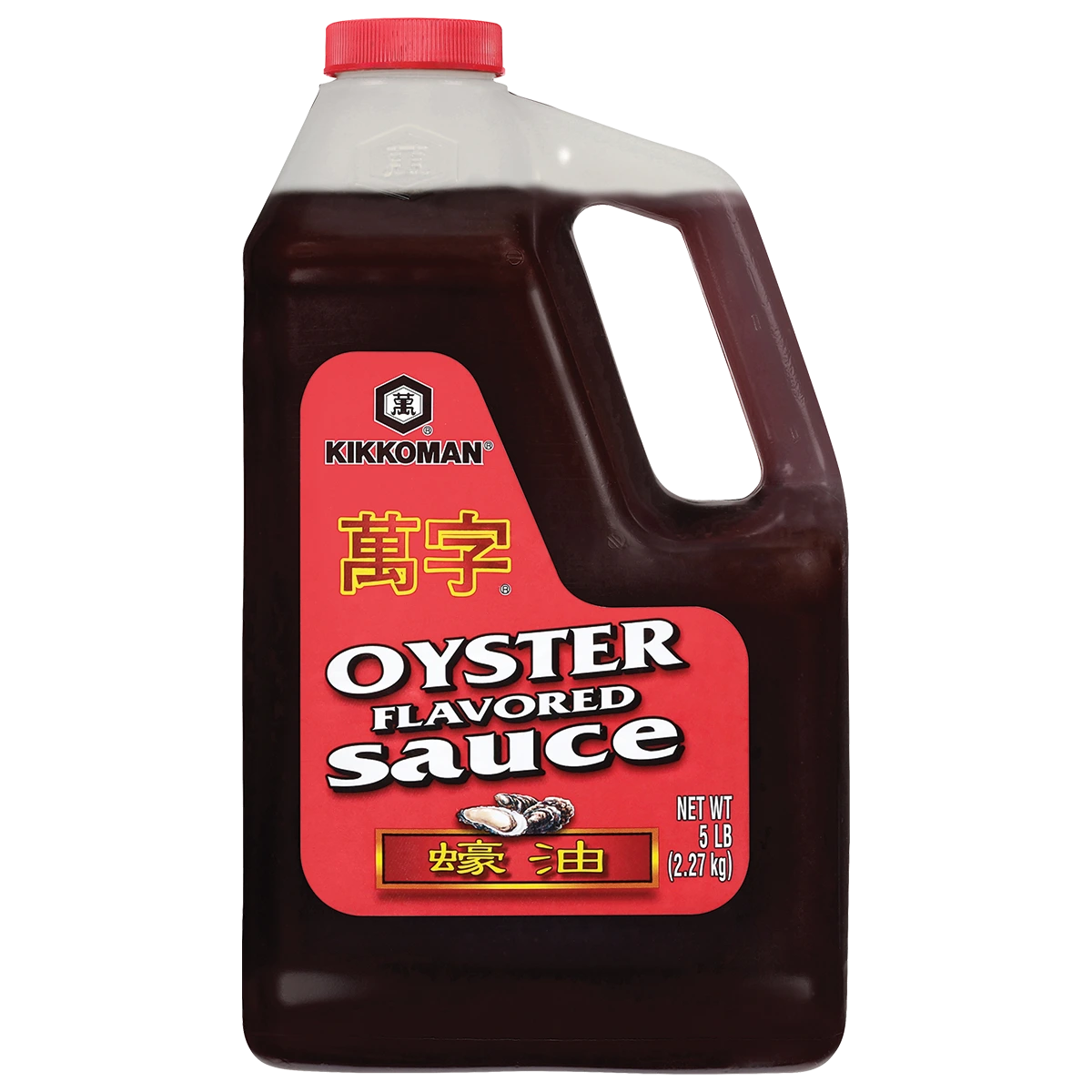A 5 lb plastic jug of Kikkoman Oyster Flavored Sauce with a red cap and bilingual labeling in English and Chinese.
