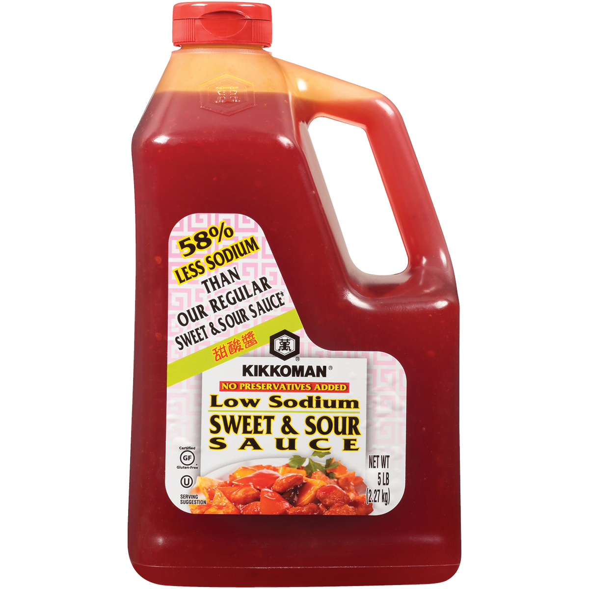 A 5 lb jug of Kikkoman Low Sodium Sweet & Sour Sauce with a handle and label highlighting 58% less sodium than regular sweet & sour sauce.