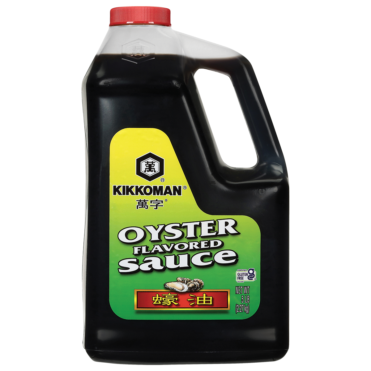 A large plastic bottle of Kikkoman oyster flavored sauce with a red cap and multilingual labeling on the front.