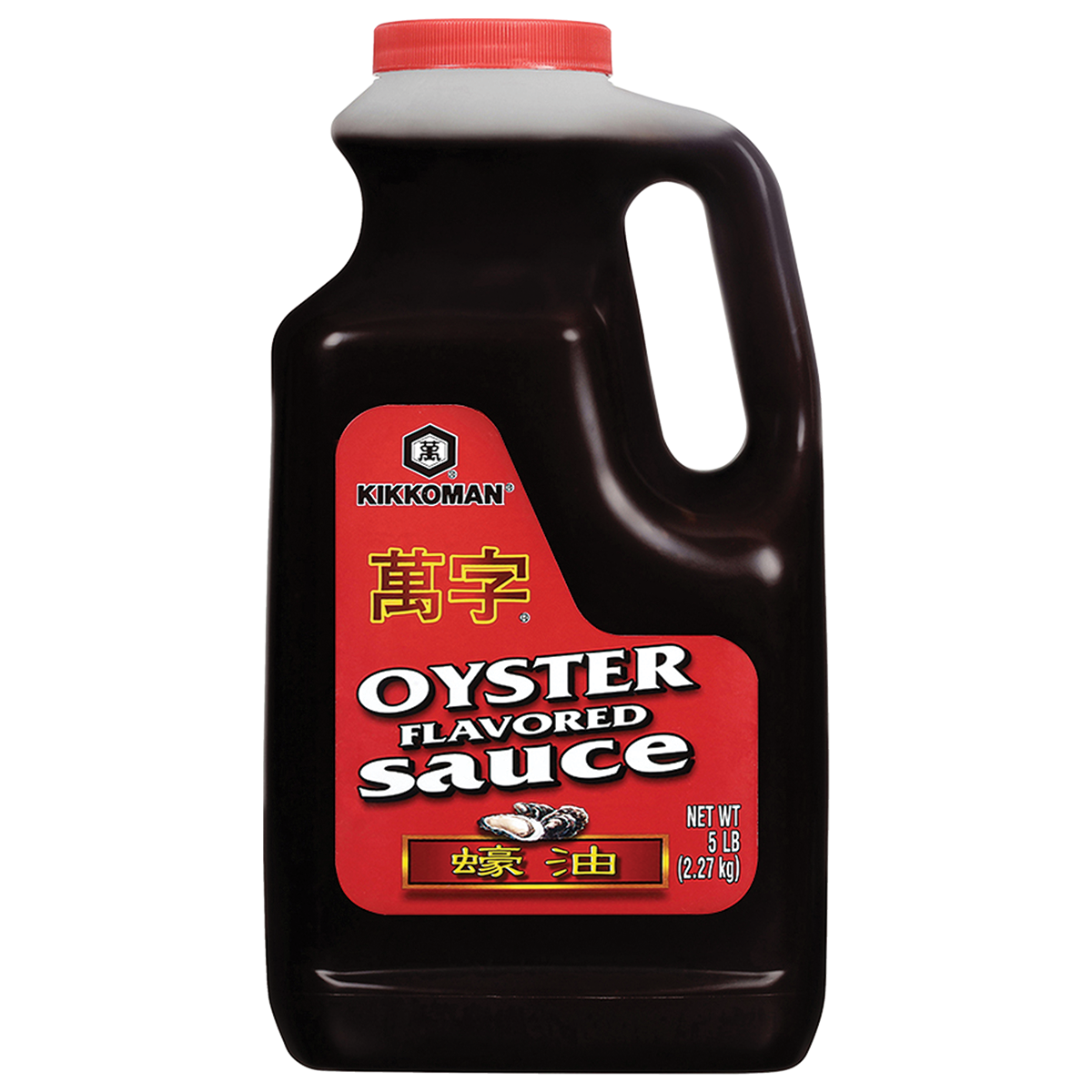 A 5 lb. plastic jug of Kikkoman Oyster Flavored Sauce with a red cap and label featuring English and Chinese text.