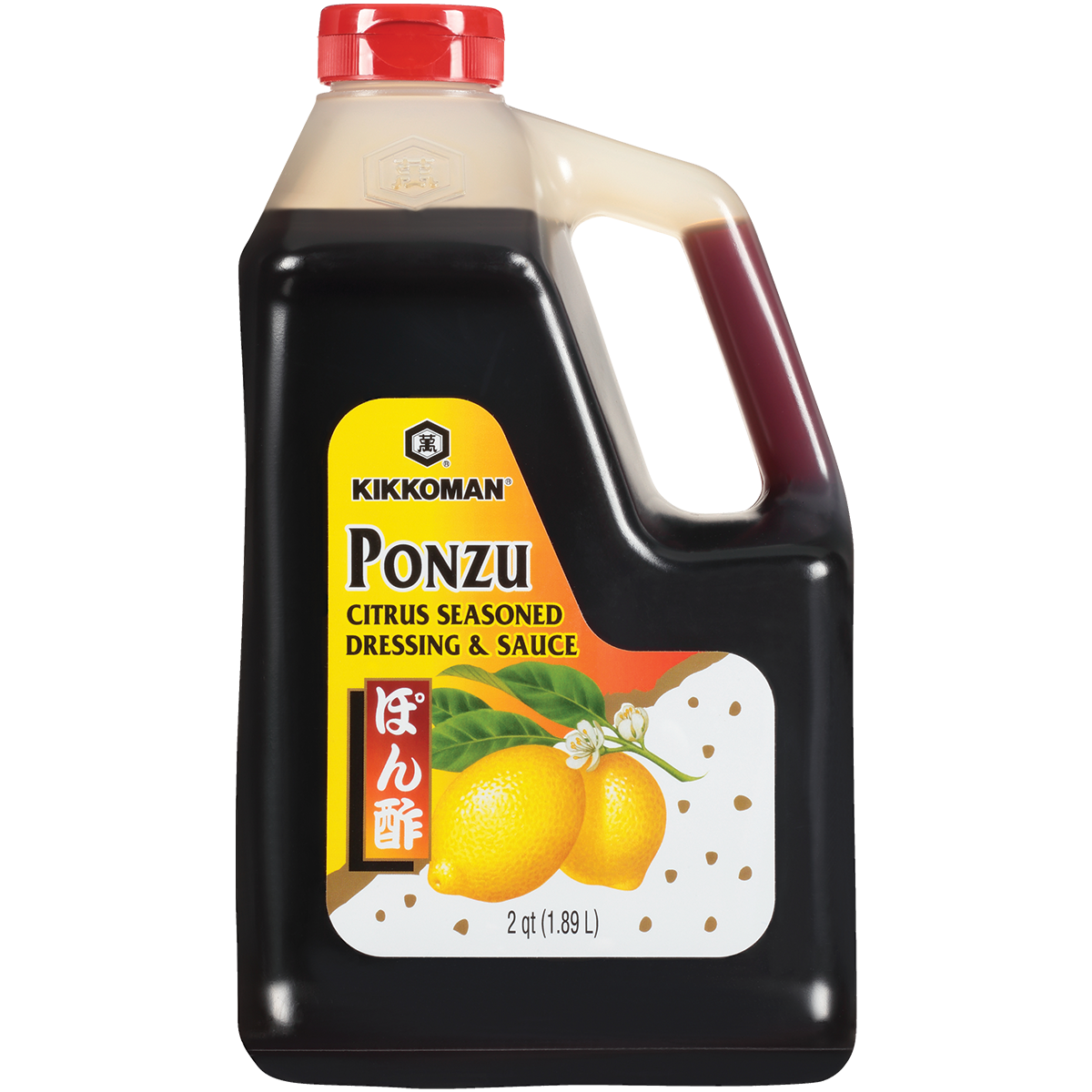A 2-quart bottle of Kikkoman Ponzu Citrus Seasoned Dressing & Sauce with images of lemons on the label.