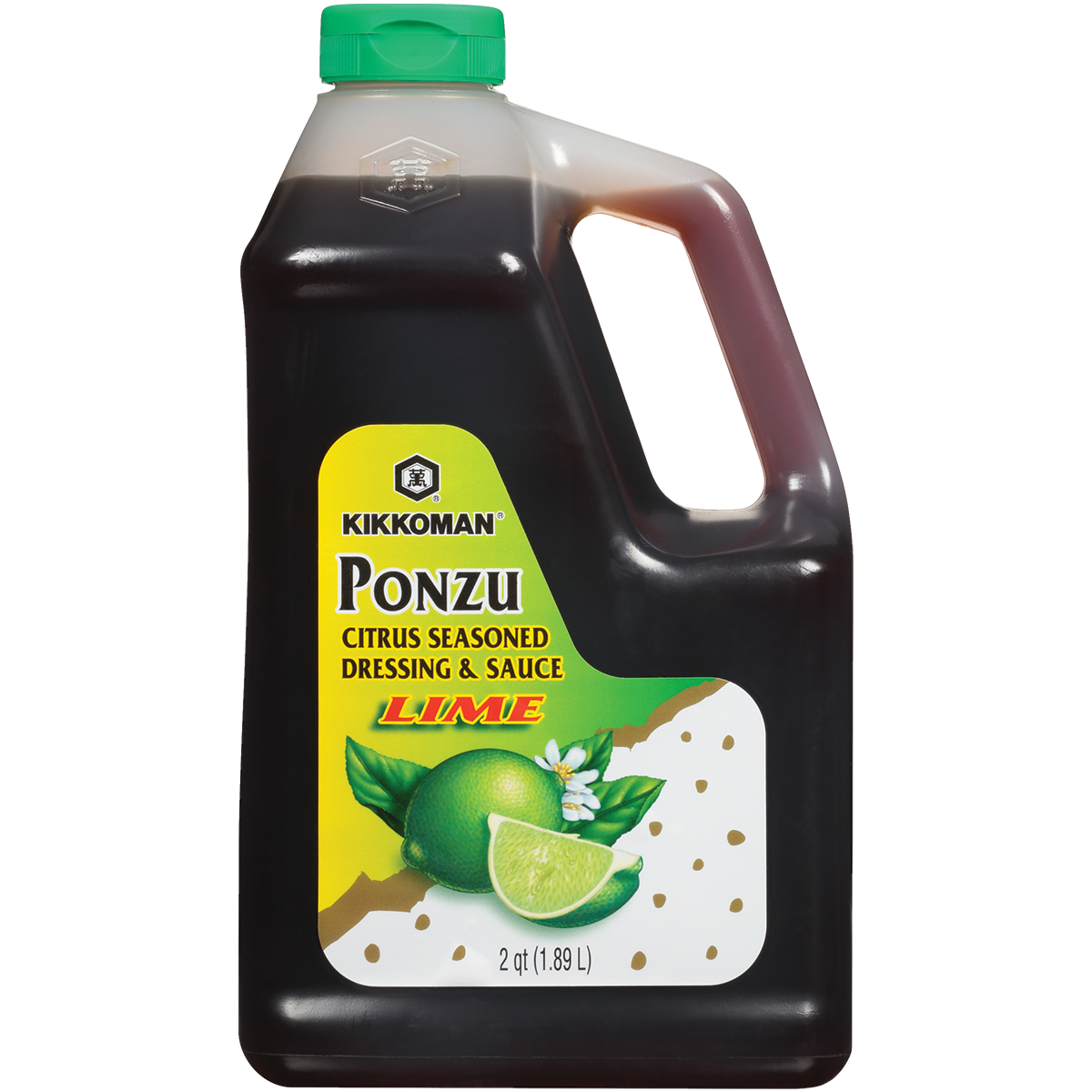 A plastic bottle of Kikkoman Ponzu Citrus Seasoned Dressing & Sauce Lime, 2 quarts (1.89L), with images of limes and a green cap.