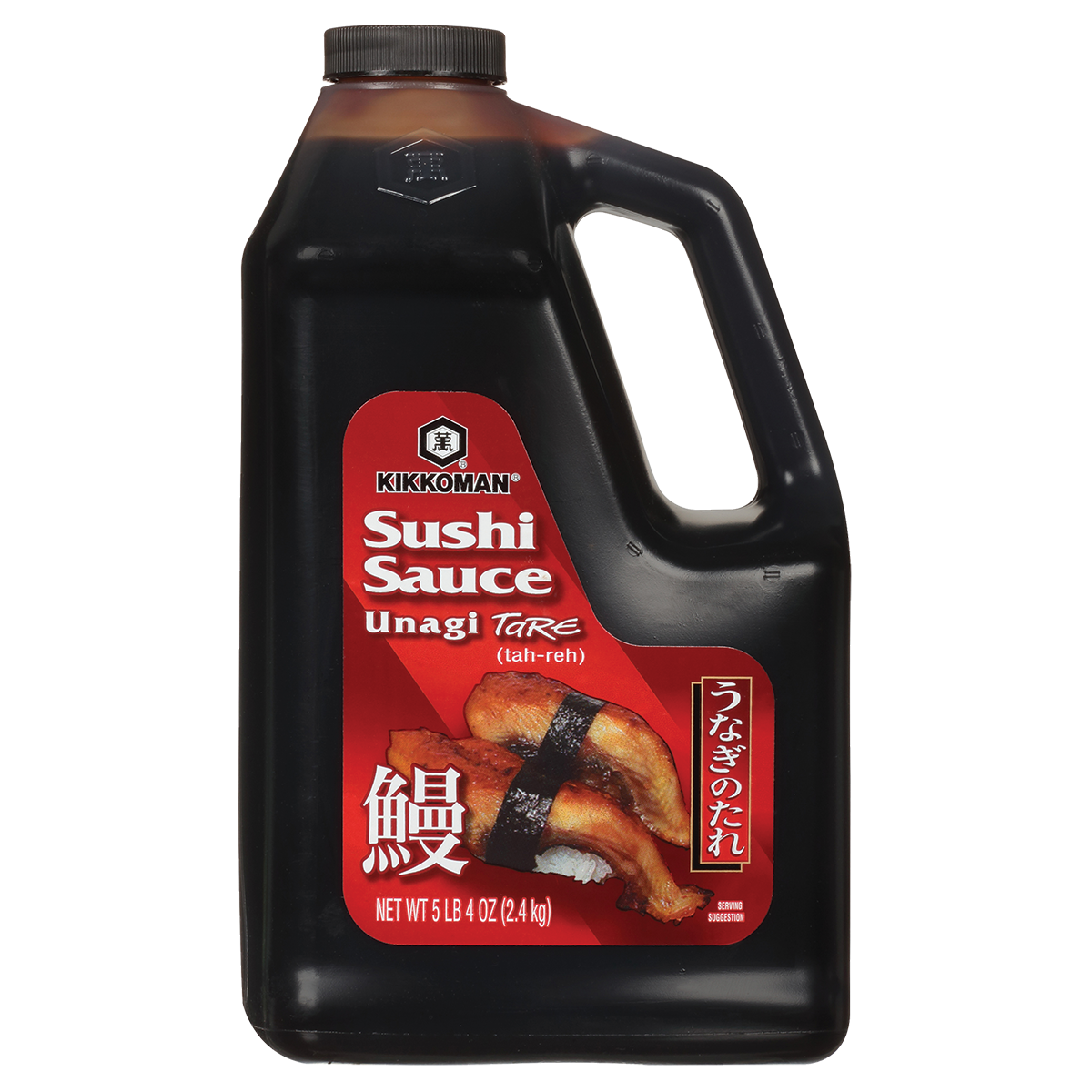 A 5 lb 4 oz bottle of Kikkoman Sushi Sauce Unagi Tare with an image of eel sushi on the label.