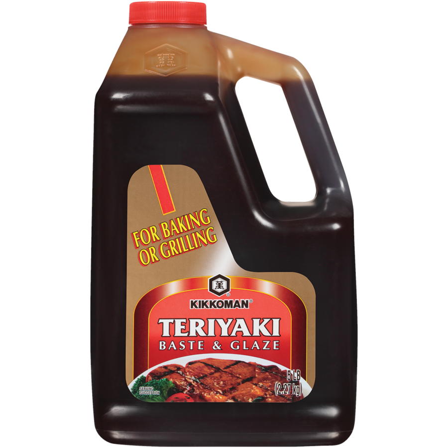 A 5-pound jug of Kikkoman Teriyaki Baste & Glaze with a red cap, labeled "For Baking or Grilling.