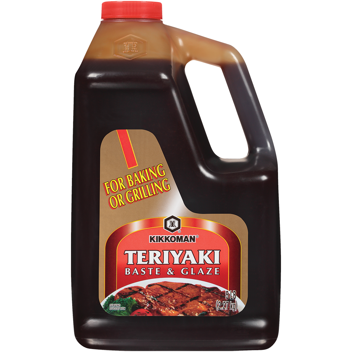 A 5-pound jug of Kikkoman Teriyaki Baste & Glaze with a red cap, labeled "For Baking or Grilling.
