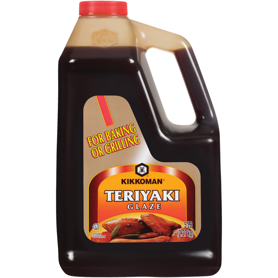 A 5 lb jug of Kikkoman Teriyaki Glaze with a handle, labeled "For Baking or Grilling" and featuring an image of glazed meat on the front.